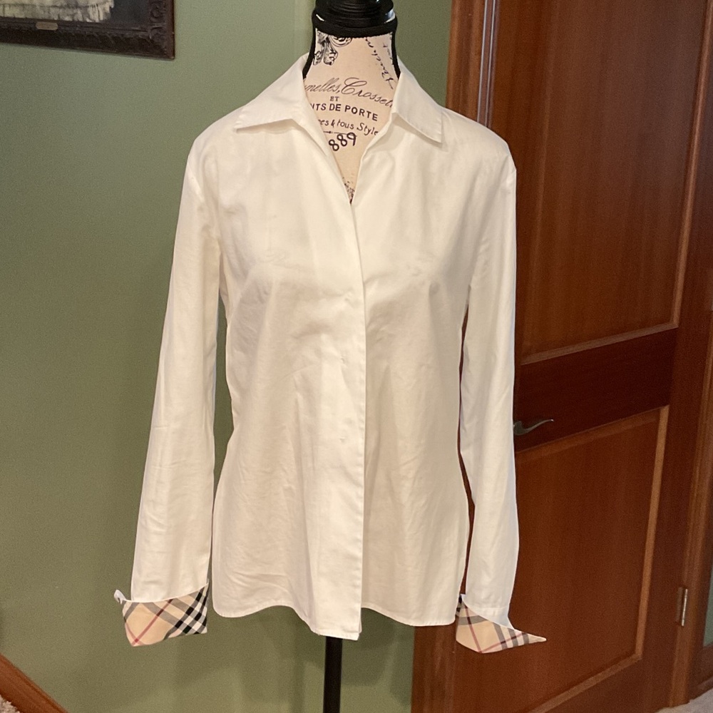 Burberry White Snap Down Shirt with Check Cuffs, Size 10
